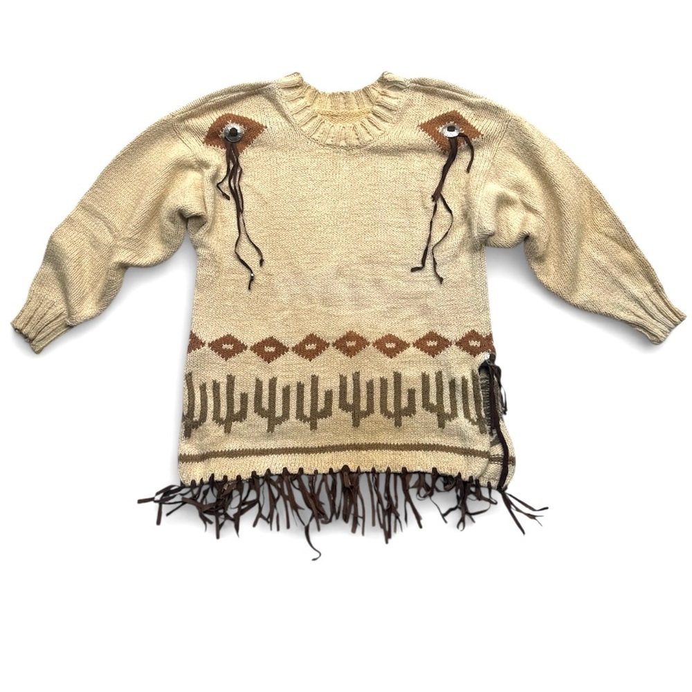 Vintage Western Boho Cream and Brown Sweater with Leather Fringe